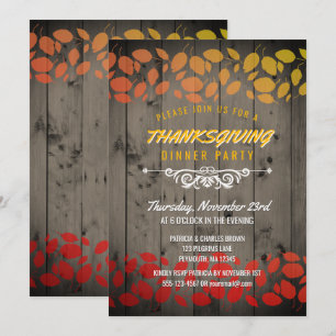 Autumn Leaves Thanksgiving Dinner Rustic Barnwood Invitation