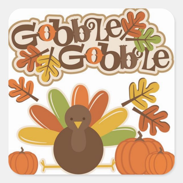 Autumn Leaves Turkey Gobble Happy Thanksgiving Square Sticker (Front)
