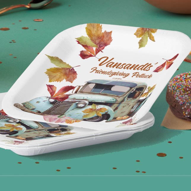 Autumn Leaves Vintage Blue Truck Pumpkins Paper Plate (Creator Uploaded)