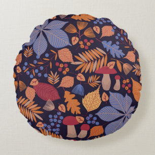 Autumn Leaves, Vintage Mushroom Illustration. Round Pillow