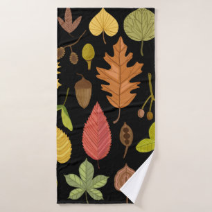 Autumn leaves vintage set isolated on black backgr bath towel