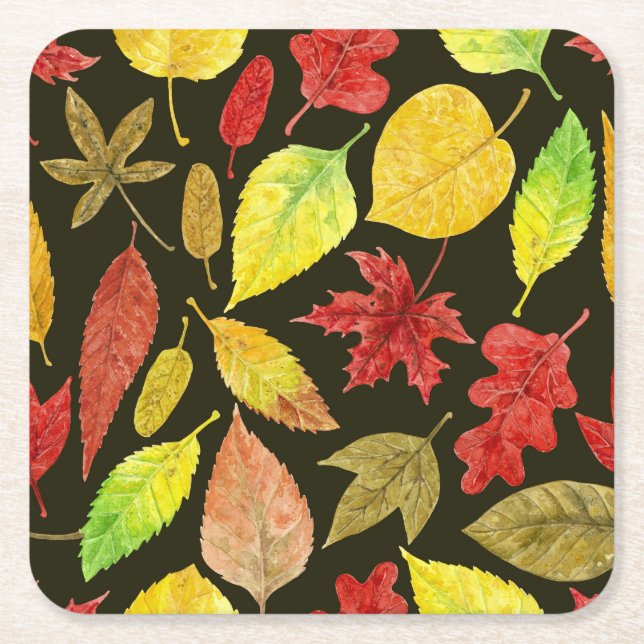 Autumn leaves watercolor dark square paper coaster (Front)