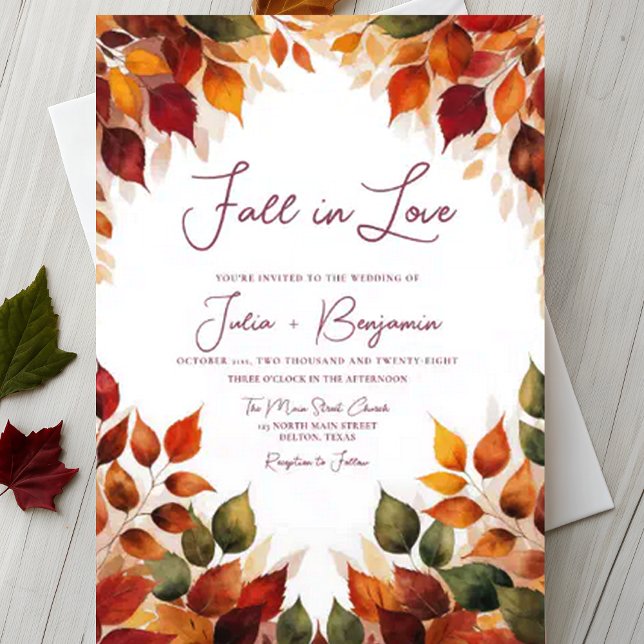 Autumn Leaves Watercolor Fall in Love Wedding Invitation (Creator Uploaded)