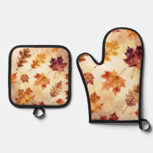 Autumn Leaves Watercolor Fall Pattern Oven Mitt & Pot Holder Set
