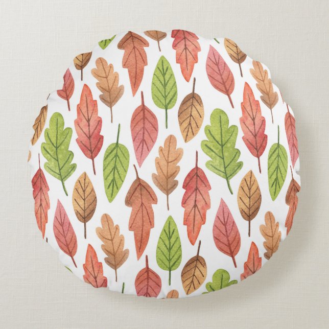 Autumn Leaves Watercolor: Nature Pattern. Round Pillow (Front)