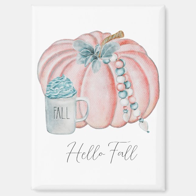 Autumn Leaves Watercolor Pumpkins Blue Pink Fall Magnet (Front)