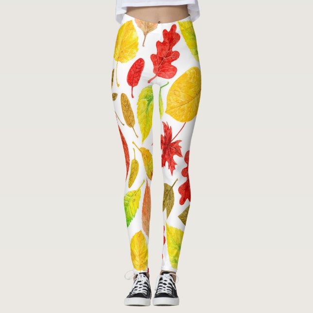 Autumn leaves watercolor white leggings (Front)