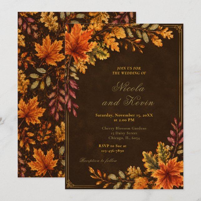 Autumn Leaves Wedding Brown Invitation (Front/Back)