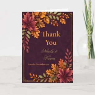 Autumn Leaves Wedding Deep Plum Thank You Card