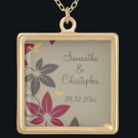 Autumn Leaves Wedding Gold Plated Necklace<br><div class="desc">An elegant design for a Fall Wedding with leaves in the autumn colours of yellow, red and brown falling with green flourishes on an olive green background. The colour of the text coordinates with the colour of the dark leaves. Fully customizable for your own special occasion. This coordinates with the...</div>