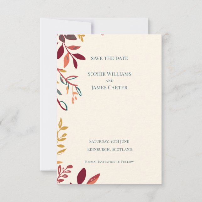 Autumn Leaves Wedding Save The Date Card | Colourf (Front)