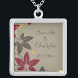 Autumn Leaves Wedding Silver Plated Necklace<br><div class="desc">An elegant design for a Fall Wedding with leaves in the autumn colours of yellow, red and brown falling with green flourishes on an olive green background. The colour of the text coordinates with the colour of the dark leaves. Fully customizable for your own special occasion. This coordinates with the...</div>