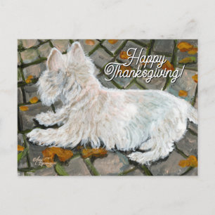 Autumn Leaves Westie on Patio Holiday Postcard