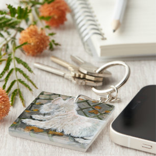 Autumn Leaves Westie on Patio Keychain