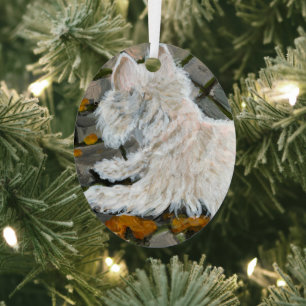 Autumn Leaves Westie on Patio Metal Ornament