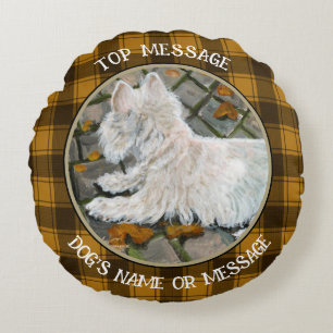 Autumn Leaves Westie on Patio Round Pillow