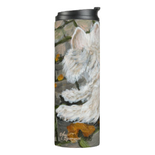 Autumn Leaves Westie on Patio Thermal Tumbler