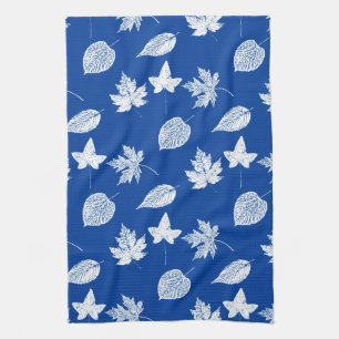 Autumn leaves - white and cobalt blue kitchen towel