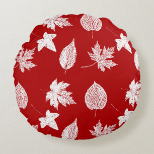 Autumn leaves - white and dark red round pillow