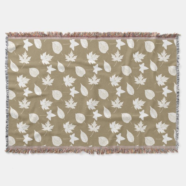 Autumn leaves - white and taupe tan throw blanket (Front)