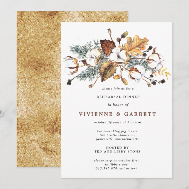 Autumn Leaves White Floral Rehearsal Dinner Invitation (Front/Back)