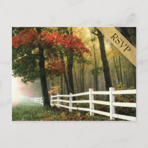 Autumn Leaves White Picket Fence Wedding RSVP Invitation Postcard