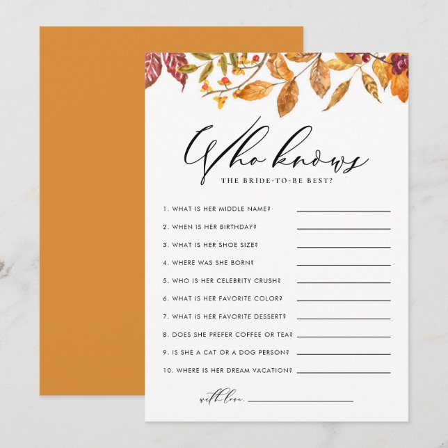 Autumn Leaves Who Knows the Bride-to-Be Best Game Card (Front/Back)