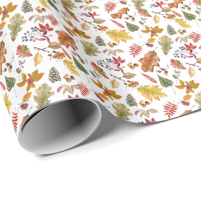 Autumn Leaves with Acorn and Wild Berries Seamless Wrapping Paper (Roll Corner)