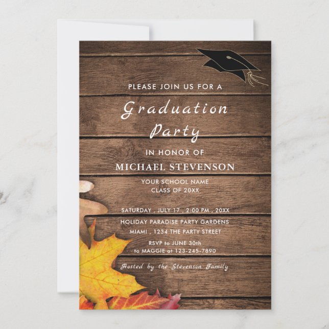 Autumn Leaves Wood Graduation Invitations Example (Front)
