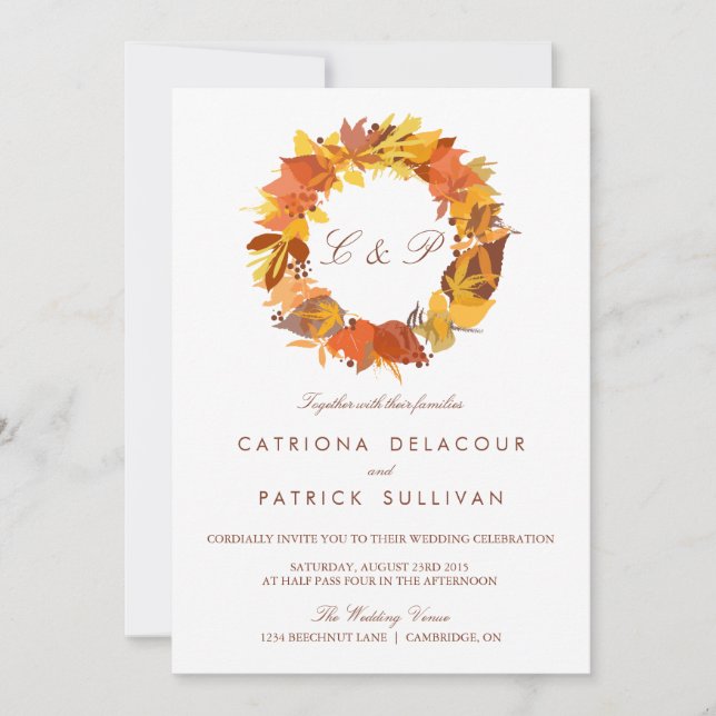 AUTUMN LEAVES WREATH FALL WEDDING INVITATION (Front)