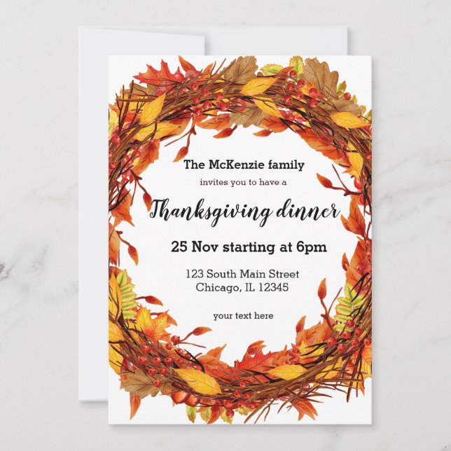 Autumn leaves wreath invitation (Front)