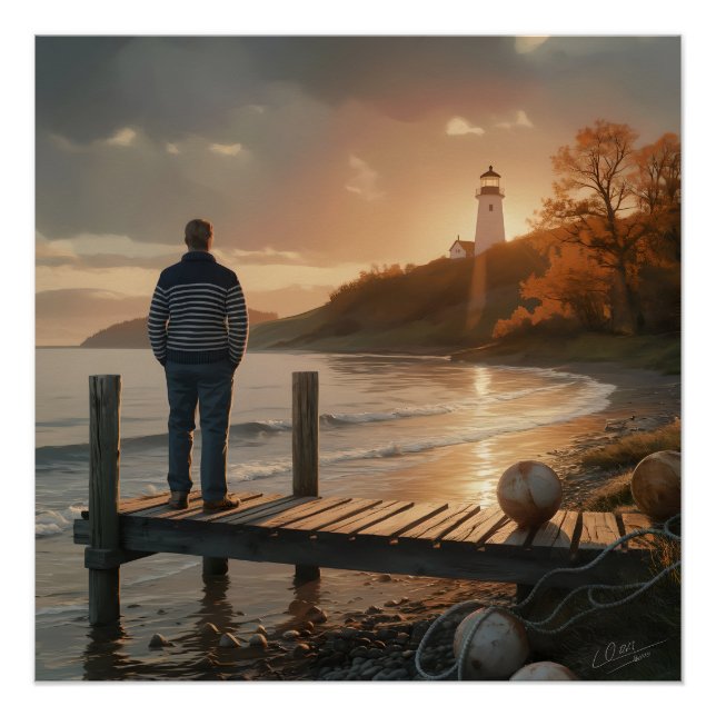 Autumn Lighthouse Dock Coastal Fall Serenity Poster (Front)