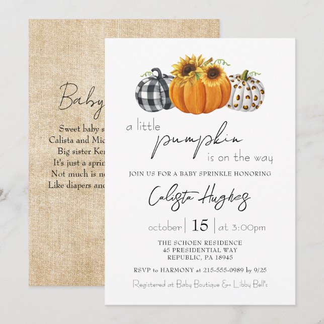 Autumn Little Pumpkin Sunflower Baby Sprinkle Invitation (Front/Back)