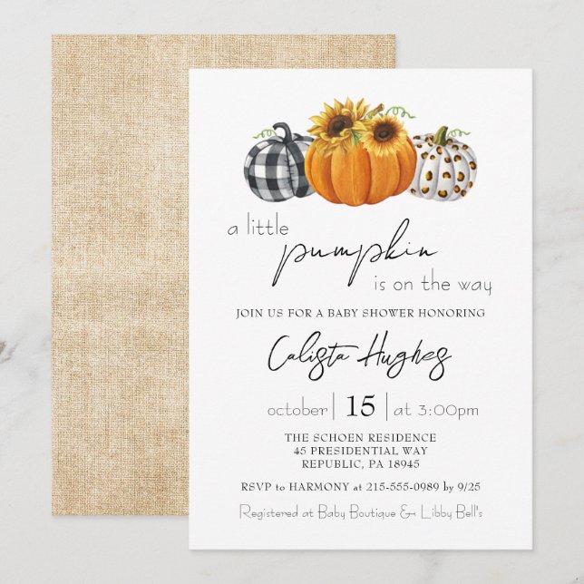 Autumn Little Pumpkin Sunflower Rustic Baby Shower Invitation (Front/Back)