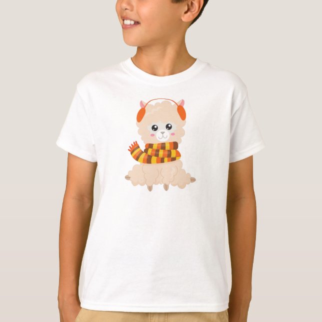 Autumn Llama, Cute Llama, Llama With Scarf, Alpaca T-Shirt (Front)