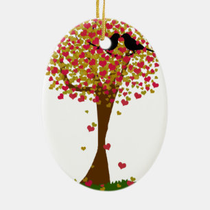 Autumn Love Birds in a Tree of Hearts Ceramic Ornament