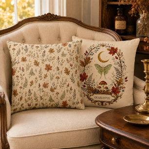 Autumn Luna Moth Mushroom Botanical Pattern Pillow