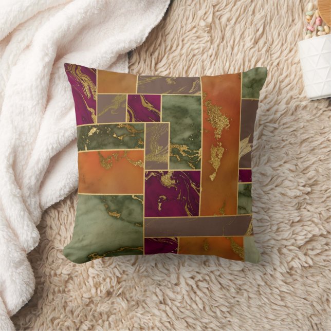 Autumn Luxury | Geometric Gold Jewel Tone Marble Throw Pillow (Blanket)