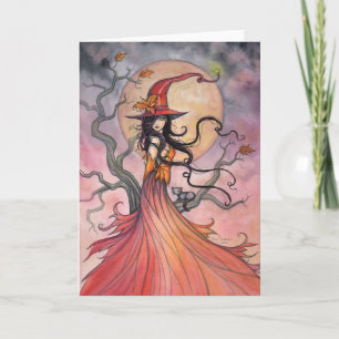 Autumn Magic Witch and Cat Halloween Art Card