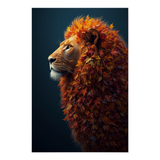Autumn Majesty – The Serene Lion of Falling Leaves Poster (Front)