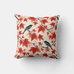 Autumn Maple and Birds Japanese Art Throw Pillow
