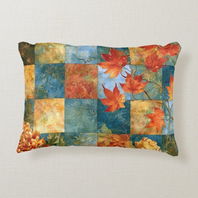 Autumn Maple Leaf Botanical Patchwork Accent Pillow (Back)