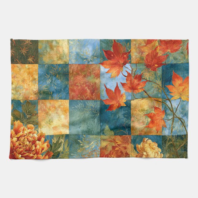 Autumn Maple Leaf Botanical Patchwork  Kitchen Towel (Horizontal)