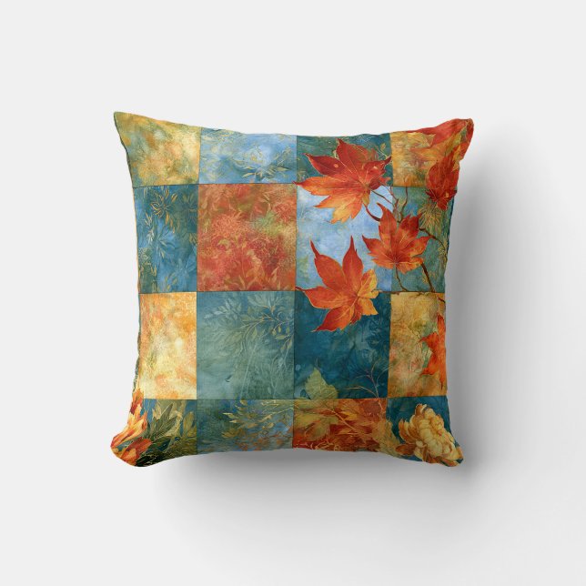 Autumn Maple Leaf Botanical Patchwork Throw Pillow (Front)