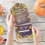 Autumn Maple Leaf Pumpkin Rustic Wood Wedding RSVP All In One Invitation<br><div class="desc">Modern Wedding Invitation with Detachable RSVP Postcard Template - Elegant Autumn Maple Leaves, Pumpkins and Sunflowers Watercolor Flowers on Rustic Wood Background. A Perfect Design for your Big Day. All text style, colours, sizes can be modified to fit your needs! Simply add your names , wedding information, your reply by...</div>