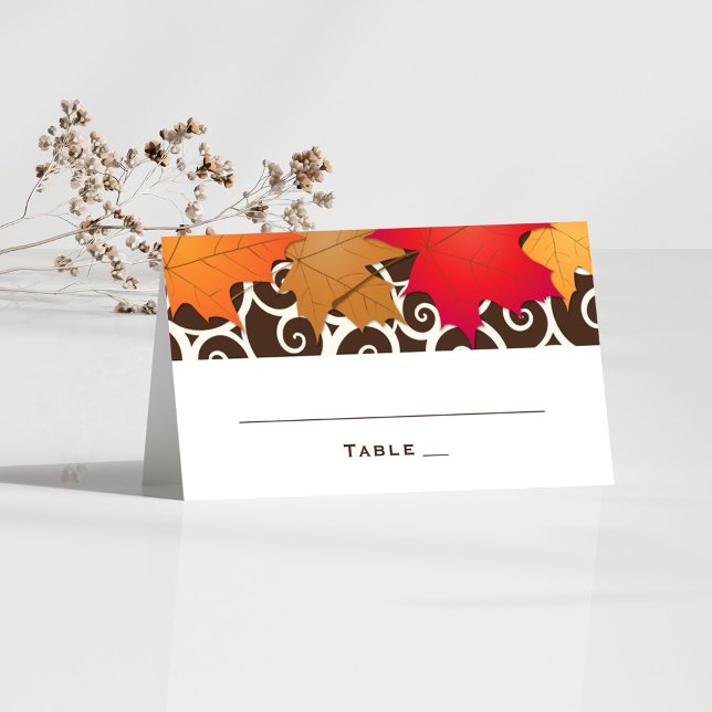 Autumn Maple Leaf Scrollwork Wedding Place Card (Creator Uploaded)