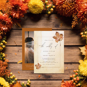 Autumn Maple Leaf Watercolor Photo QR code Wedding Invitation