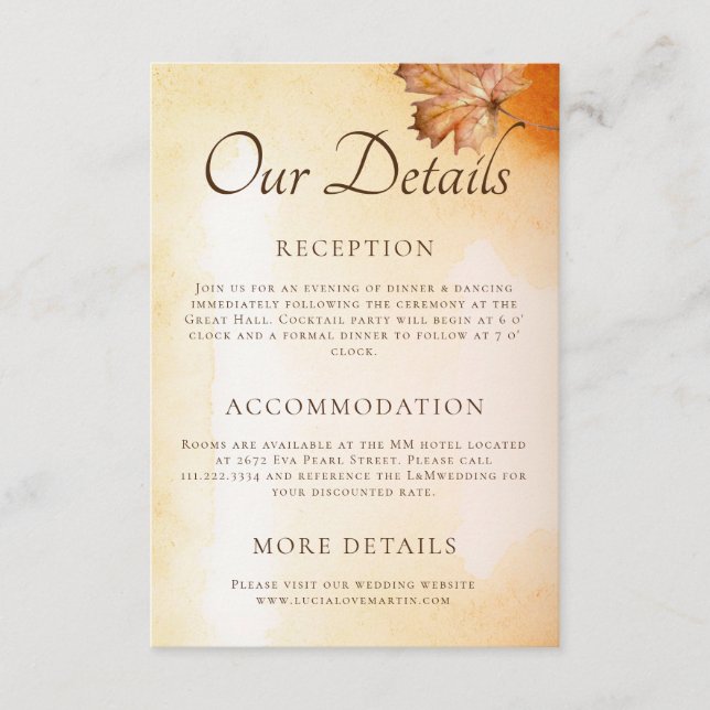 Autumn Maple Leaf Watercolor Wedding Detail Enclosure Card (Front)