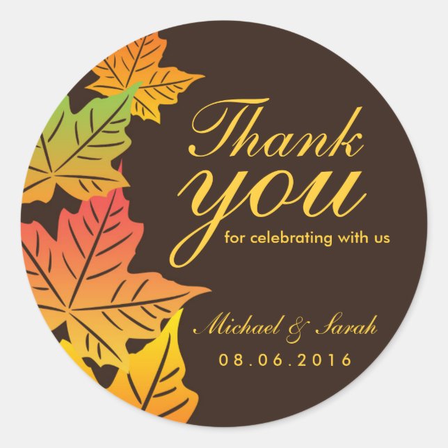 Autumn Maple Leaf Wedding Thank You Sticker Brown (Front)