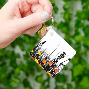 Autumn Maple Leaves and Wild Grass Silhouette  Keychain